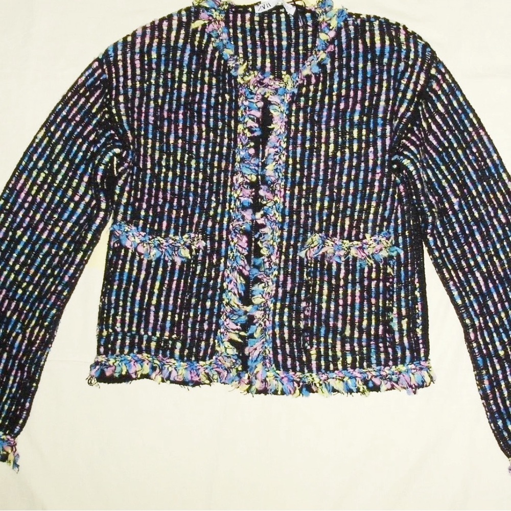 Zara Black Multicolor Tweed Cardigan Blazer